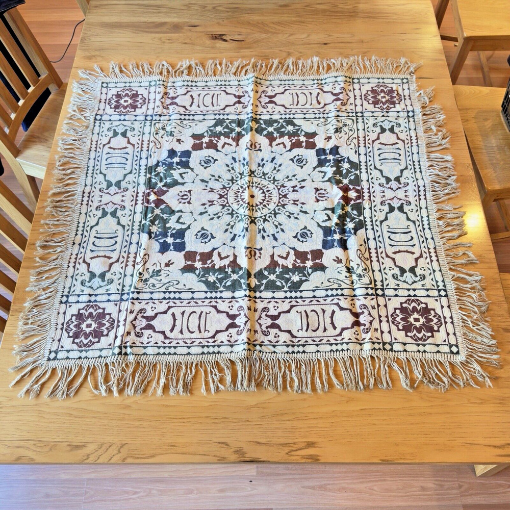 Antique Moorish Spanish Tapestry Textile Arabic Writing Coverlet Fringed 34x35